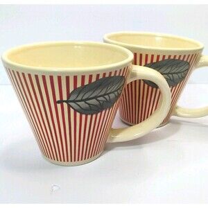 Vtg Retro Coffee Mugs Red Stripes Cream W Gray Leaf Set Of 2 Cups Design Studios